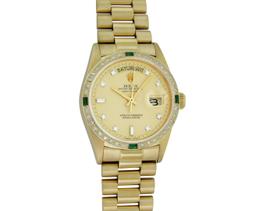 Rolex Men's 18K Yellow Gold Champagne Emerald & Diamond Day Date President Wristwatch