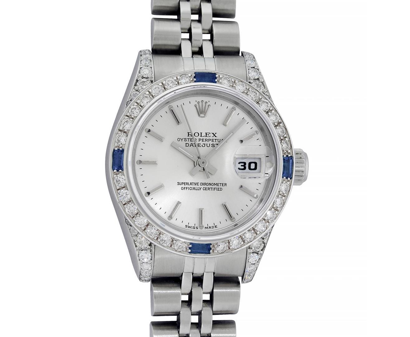 Rolex Ladies Stainless Steel Sapphire and Diamond Datejust Wristwatch