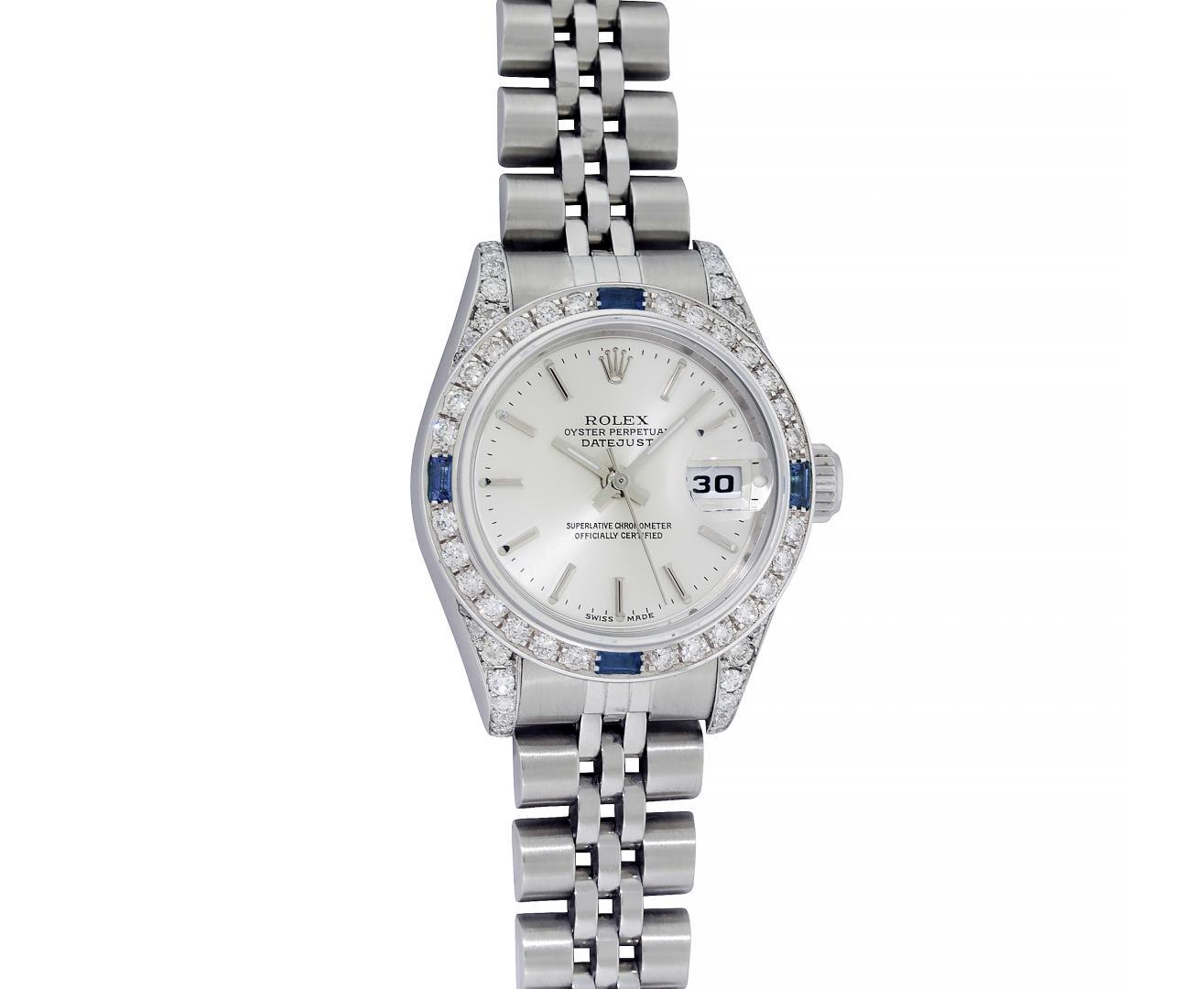 Rolex Ladies Stainless Steel Sapphire and Diamond Datejust Wristwatch