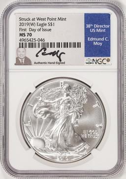 2019(W) $1 American Silver Eagle Coin NGC MS70 FDOI Moy Signature West Point Mint