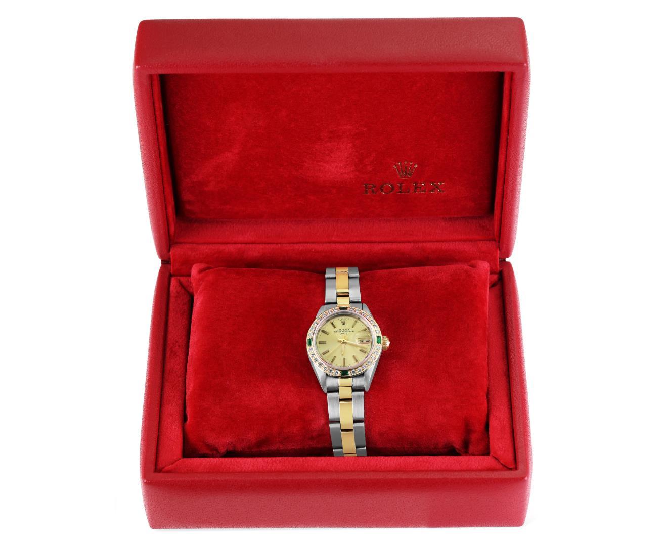 Rolex Ladies Two Tone Emerald and Diamond Date Wristwatch With Rolex Box