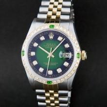Rolex Mens Two Tone Green Vignette Diamond Datejust Wristwatch