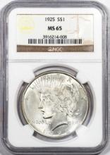 1925 $1 Peace Silver Dollar Coin NGC MS65