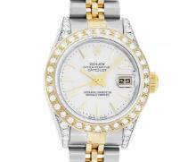 Rolex Ladies Two Tone Silver Index Dial Diamond Datejust Wristwatch