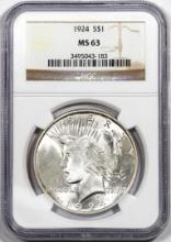 1924 $1 Peace Silver Dollar Coin NGC MS63