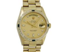 Rolex Men's 18K Yellow Gold Champagne Sapphire & Diamond Day Date President Wristwatch