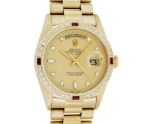 Rolex Men's 18K Yellow Gold Champagne Ruby & Diamond Day Date President Wristwatch