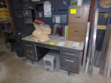 Steel Desk, 2 Drawer File Cabinet, Small Electric Heater, and Contents of W