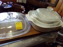 (3) Pyrex Bakeware With Lids and (1) Extra Lid, 10'', 8'' and 6'', Blue Flo