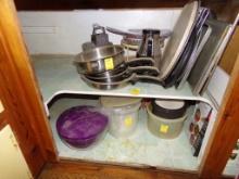 Contents of 2 Cabinet Shelves (To Left of Sink) Stainless Cook Ware, Plasti