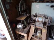 Sears Roebuck Bandsaw On Wooden Table And (3) Bench Grinders And Metal Stan