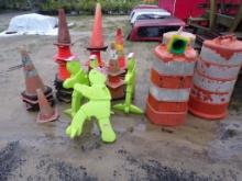 Group Of Safety Cones/Barrels And Green Kid Alert Sign