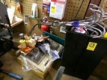 Group of Misc. Items on Back of Work Bench - Grapple Hooks, Small Trash Can