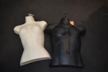 (2) HANGING FRONT HALF TORSO MANNEQUINS, MALE AND FEMALE