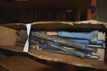 BOX OF ASSORTED PUNCHES, CHISELS, METAL BARS, MISC.