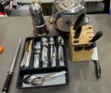 Silverware, popcorn popper, knife set, coffee maker, knife sharpener