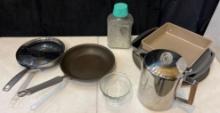 Skillets, pans (3) , pizza pan, coffee percolator