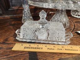 Cut Glass Cake Stand, Covered "Rose" Butter Dish,