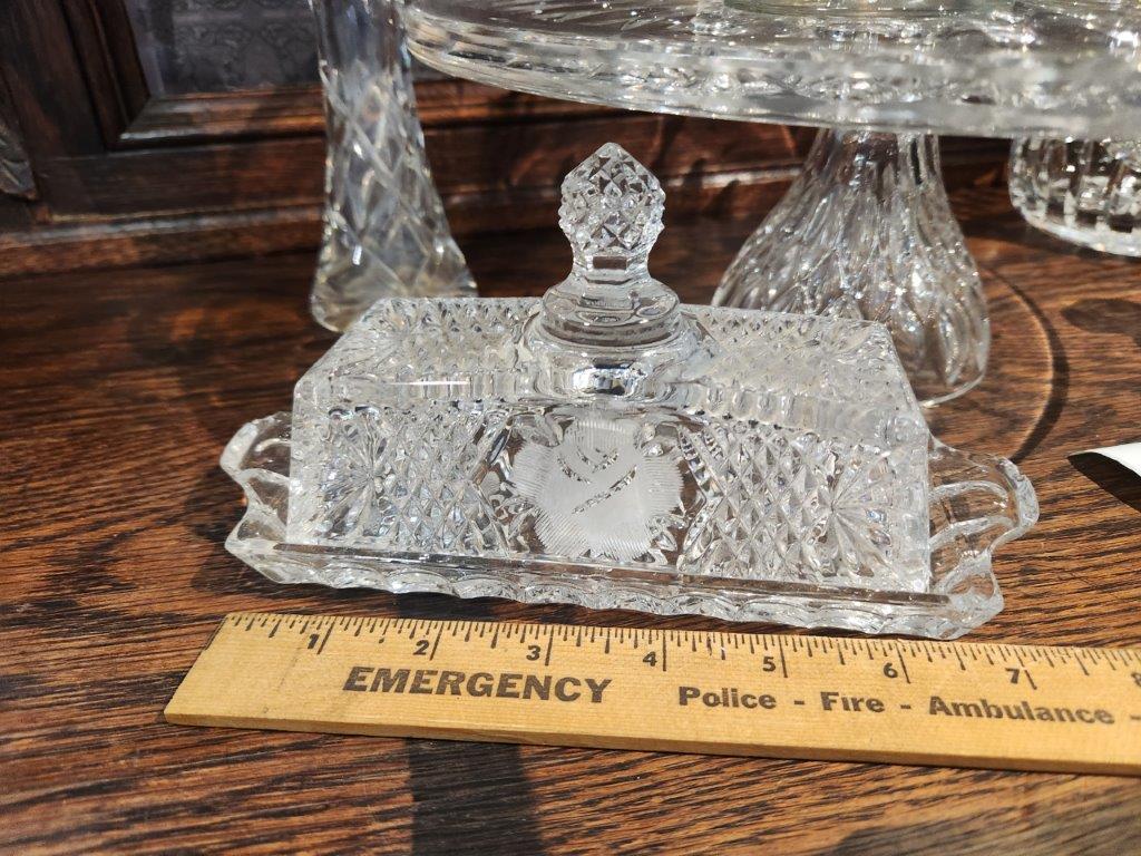 Cut Glass Cake Stand, Covered "Rose" Butter Dish,