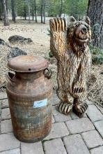 Vintage Milk Can and Decorative Bear Sculpture