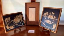 Pair Framed Bamboo Art "Fishing Boats"