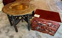 Asian Style Brass Tray Table Carved Wood Base