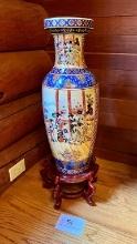 Tall Satsuma style Porcelain Vase on Wood Stand