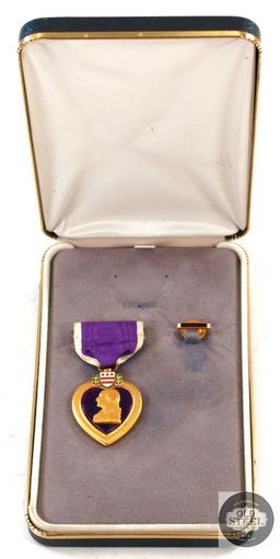 US Purple Heart Medal and Lapel Pin in Large Box