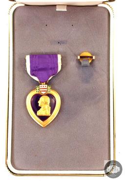 US Purple Heart Medal and Lapel Pin in Large Box