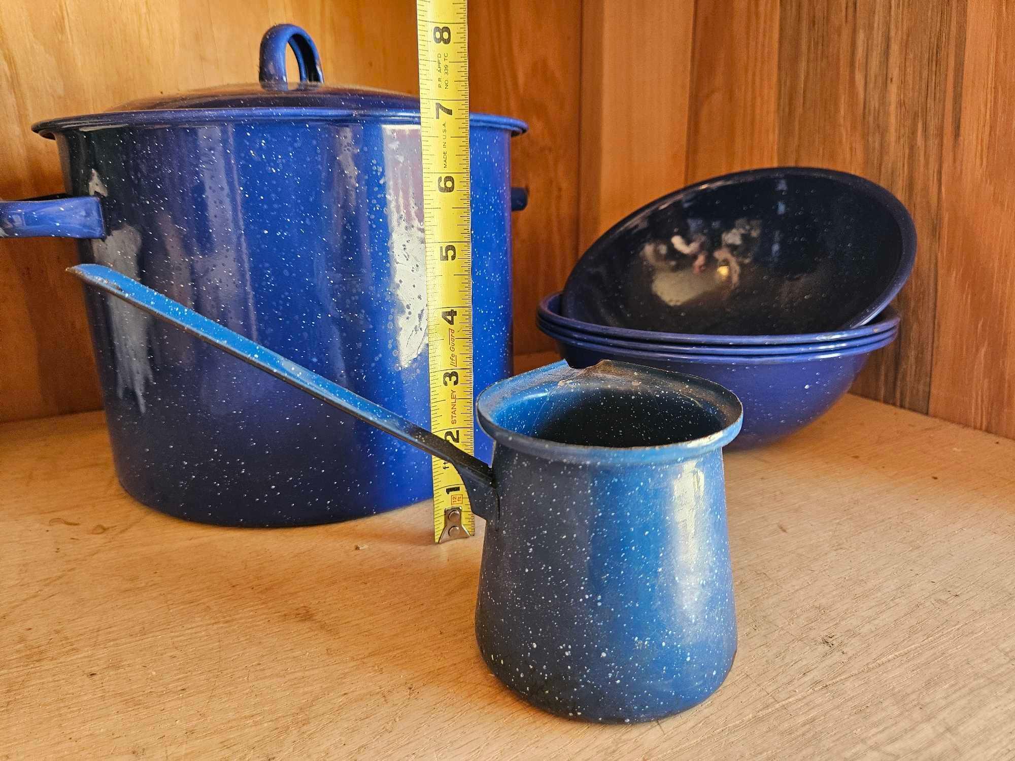 Blue Enamel pot, bowls, pourer