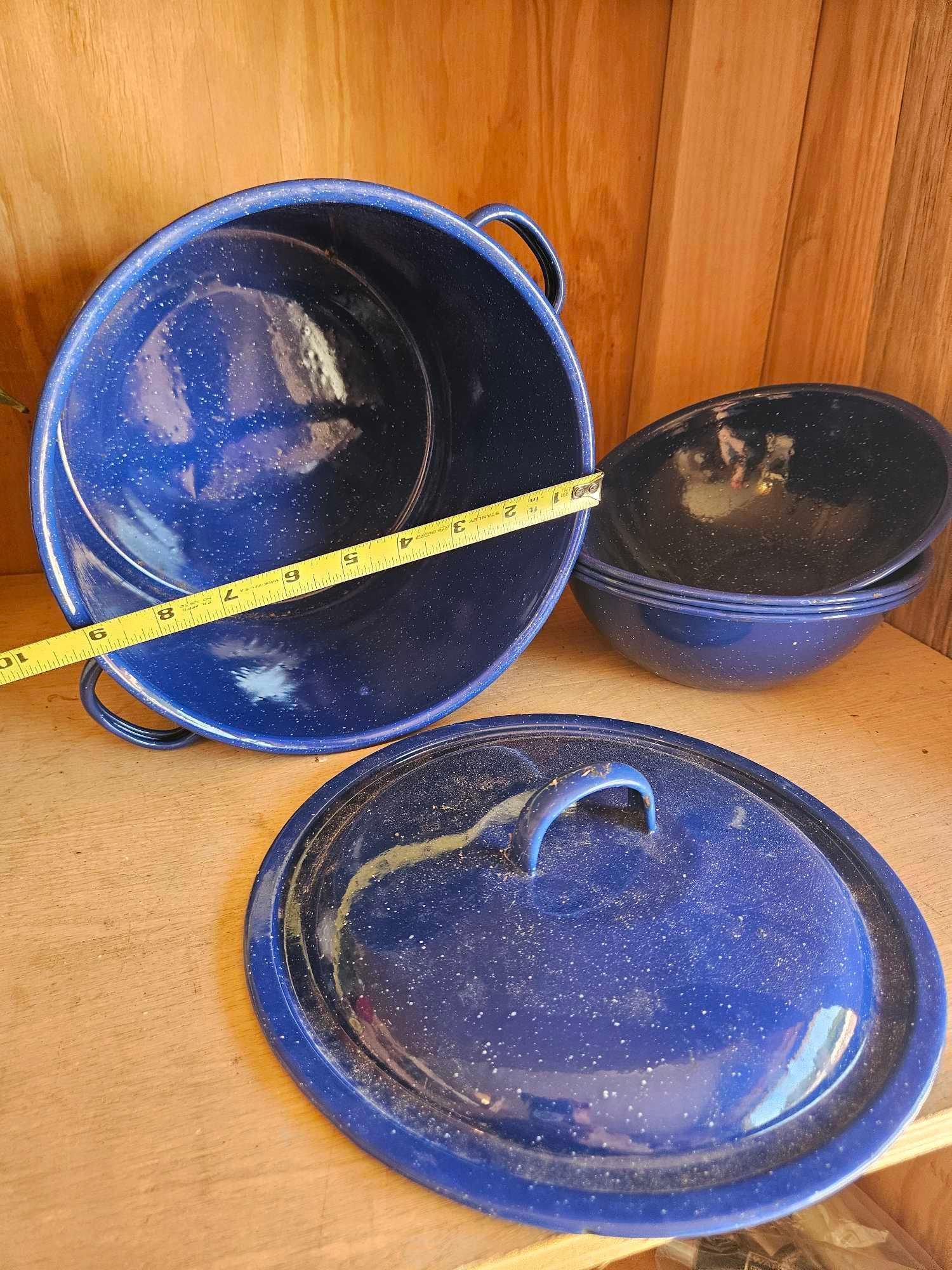 Blue Enamel pot, bowls, pourer