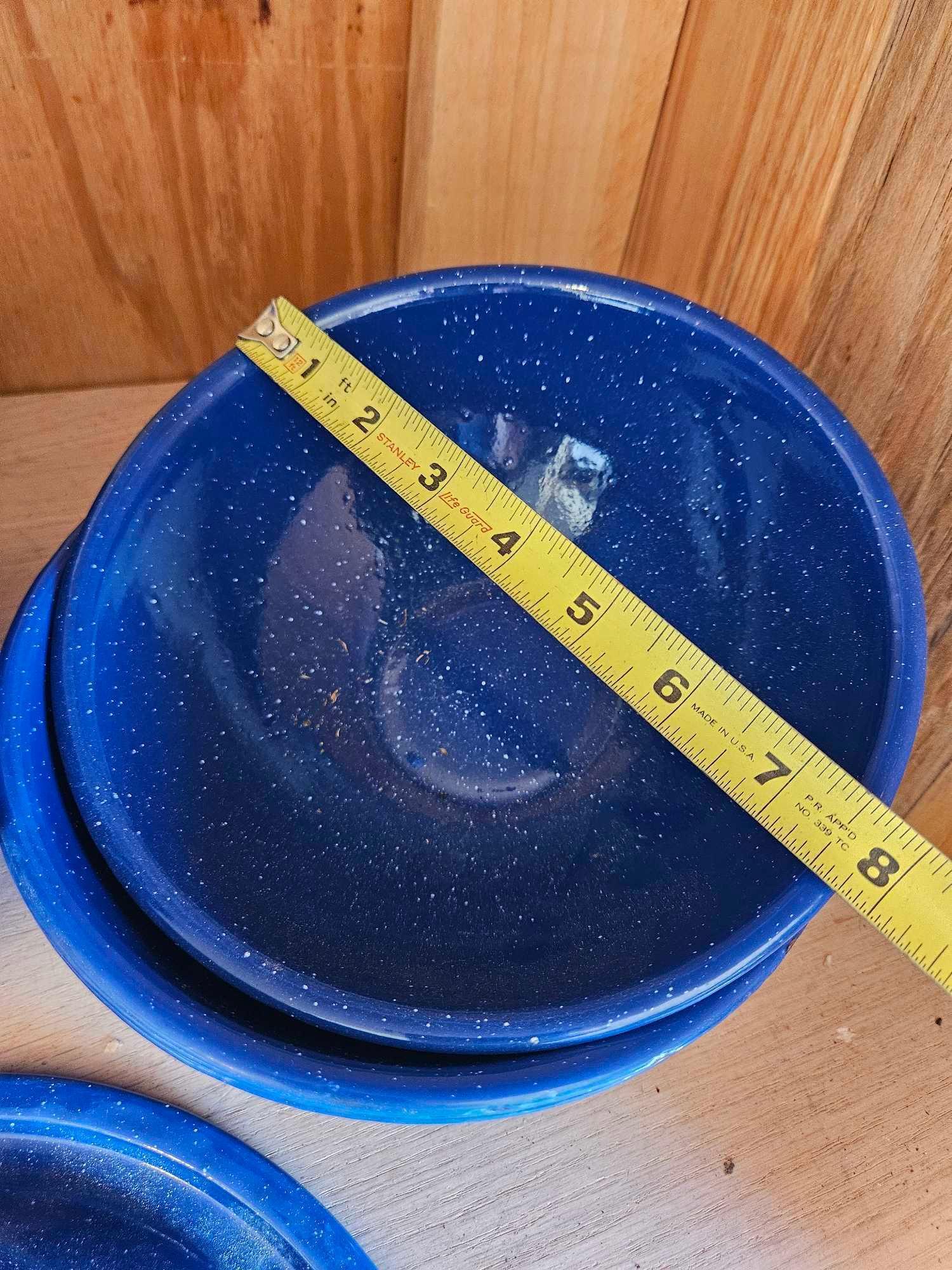 Blue Enamel pot, bowls, pourer