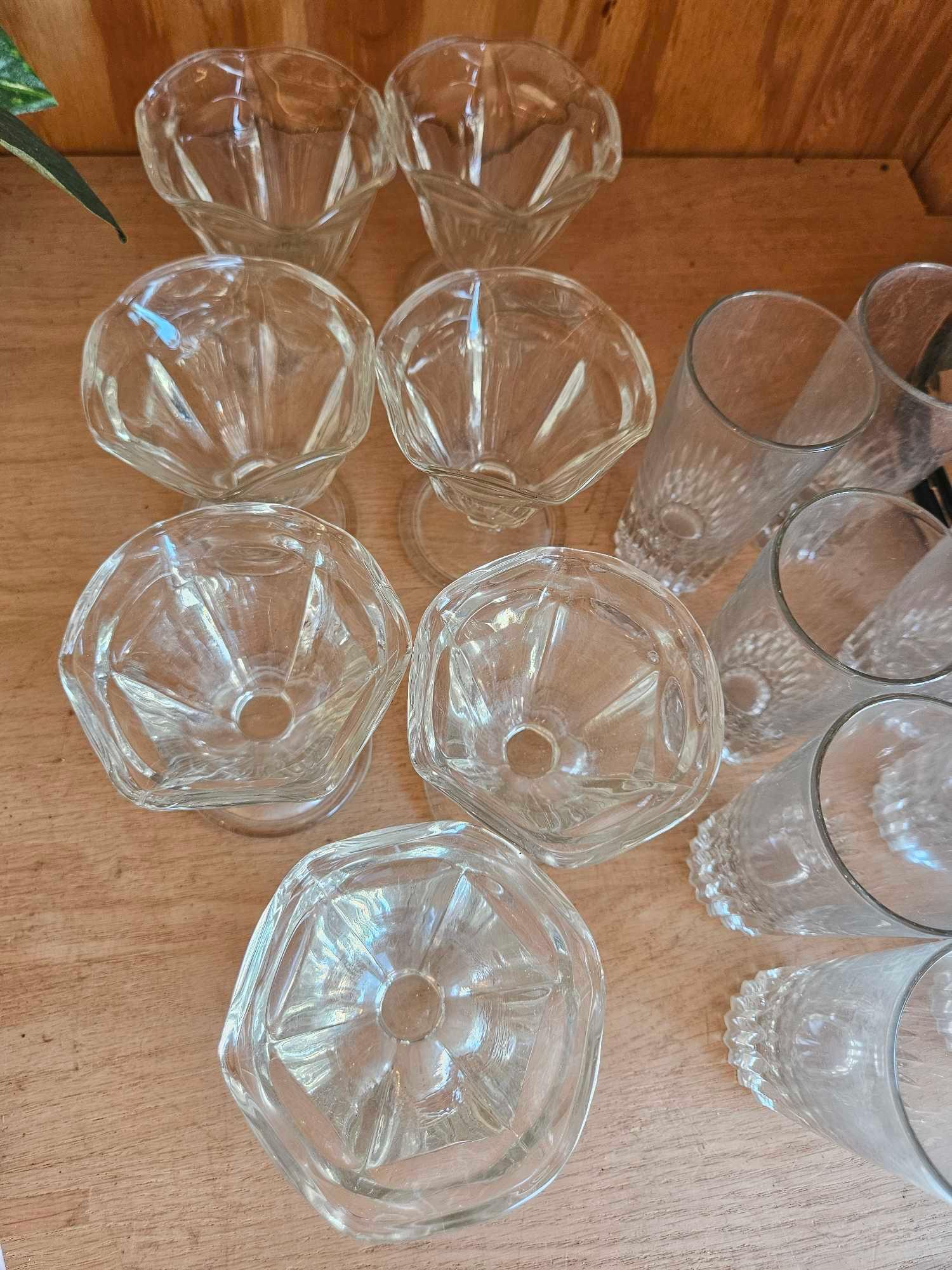 Vintage Dessert glass grouping, including Libbey plates, Japan juice glasses and sunday cups