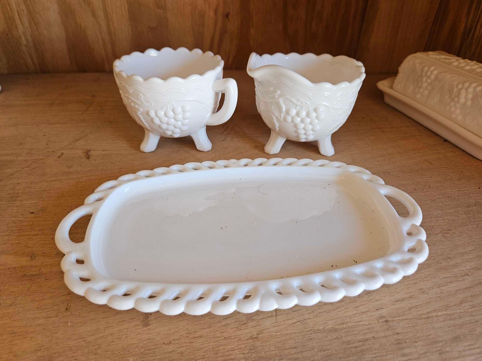 IMPERIAL GLASS CREAMER AND SUGAR, Embossed butter dish, milk glass