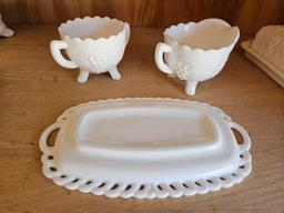 IMPERIAL GLASS CREAMER AND SUGAR, Embossed butter dish, milk glass