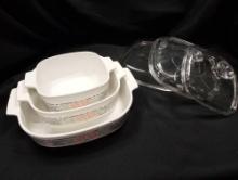TRIO OF SILK AND ROSES CORELLE BY CORNINGWARE HANDLED BAKING DISHES WITH LIDS