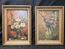 Pair of Vintage Mid Century Floral Framed Margot picture art wall hangings, vase flowers retro