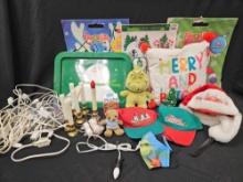 CHRISTMAS GROUPING including GRINCH PLUSH, ELECTRIC CANDLES, HATS, METAL TRAY, MORE