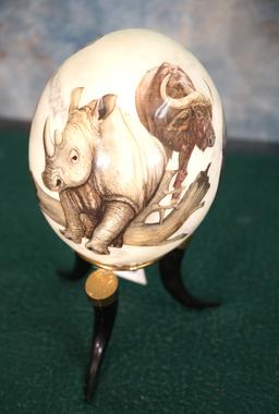Ostrich Egg on Stand with the African Big Five Game Animals Painted on it