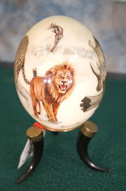 Ostrich Egg on Stand with the African Big Five Game Animals Painted on it