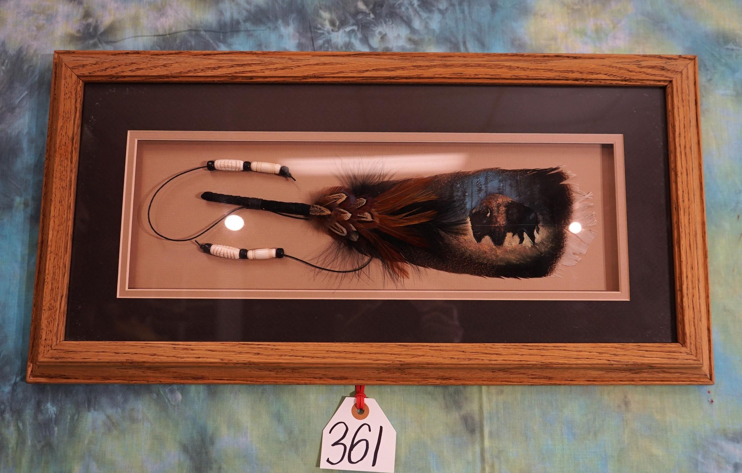 Beautiful Framed Wild Turkey Feather with a American Bison Painted on it