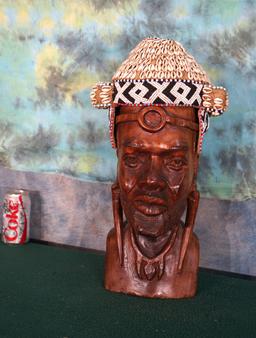 African Native Man Wood Carved Head Bust