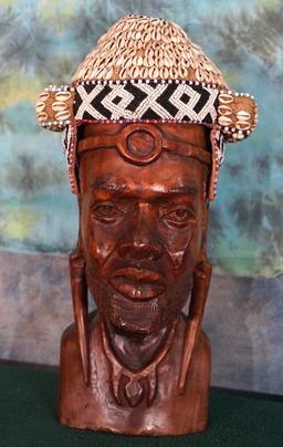African Native Man Wood Carved Head Bust