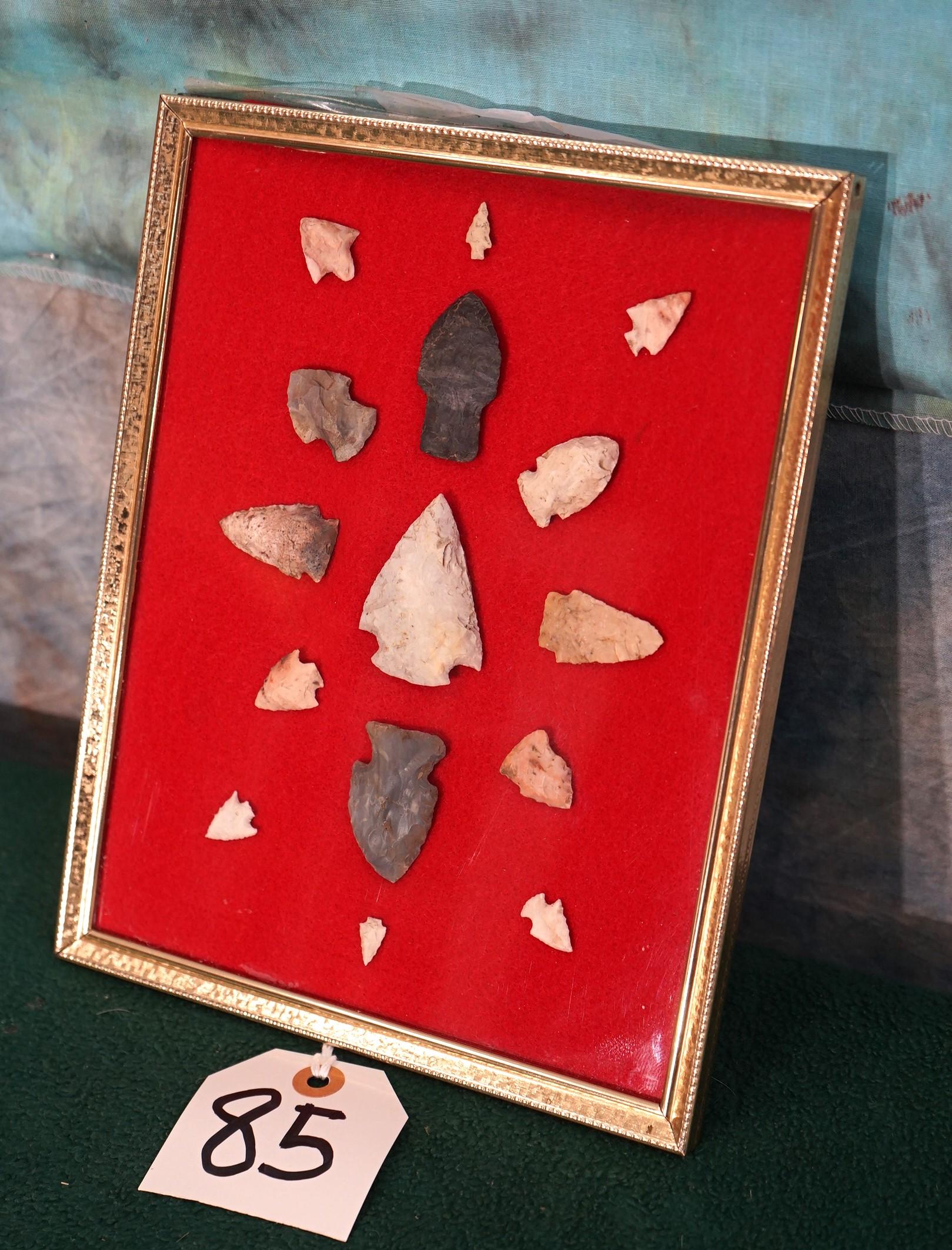 Display Frame of 15 Authentic Arrowheads and Bird Points