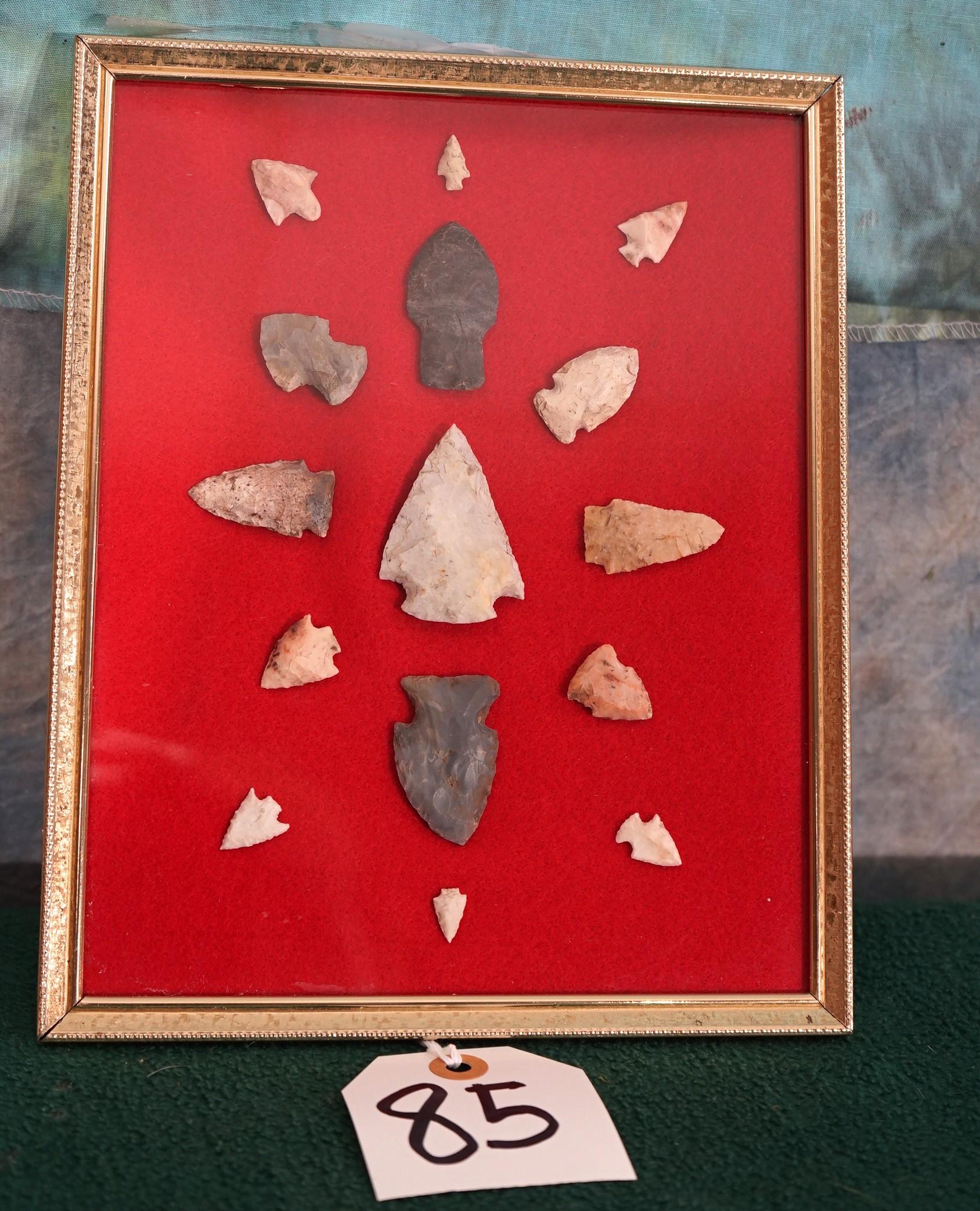 Display Frame of 15 Authentic Arrowheads and Bird Points