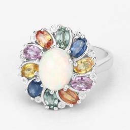 Plated Rhodium 1.69ct Opal and Multi Color Gemstone Ring