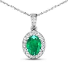 14KT White Gold 1.00ct Zambian Emerald and Diamond Pendant with Chain