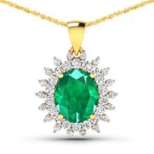 14KT Yellow Gold 3.14ctw Zambian Emerald and Diamond Pendant