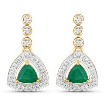 14KT Yellow Gold 1.39ctw Zambian Emerald and White Diamond Earrings