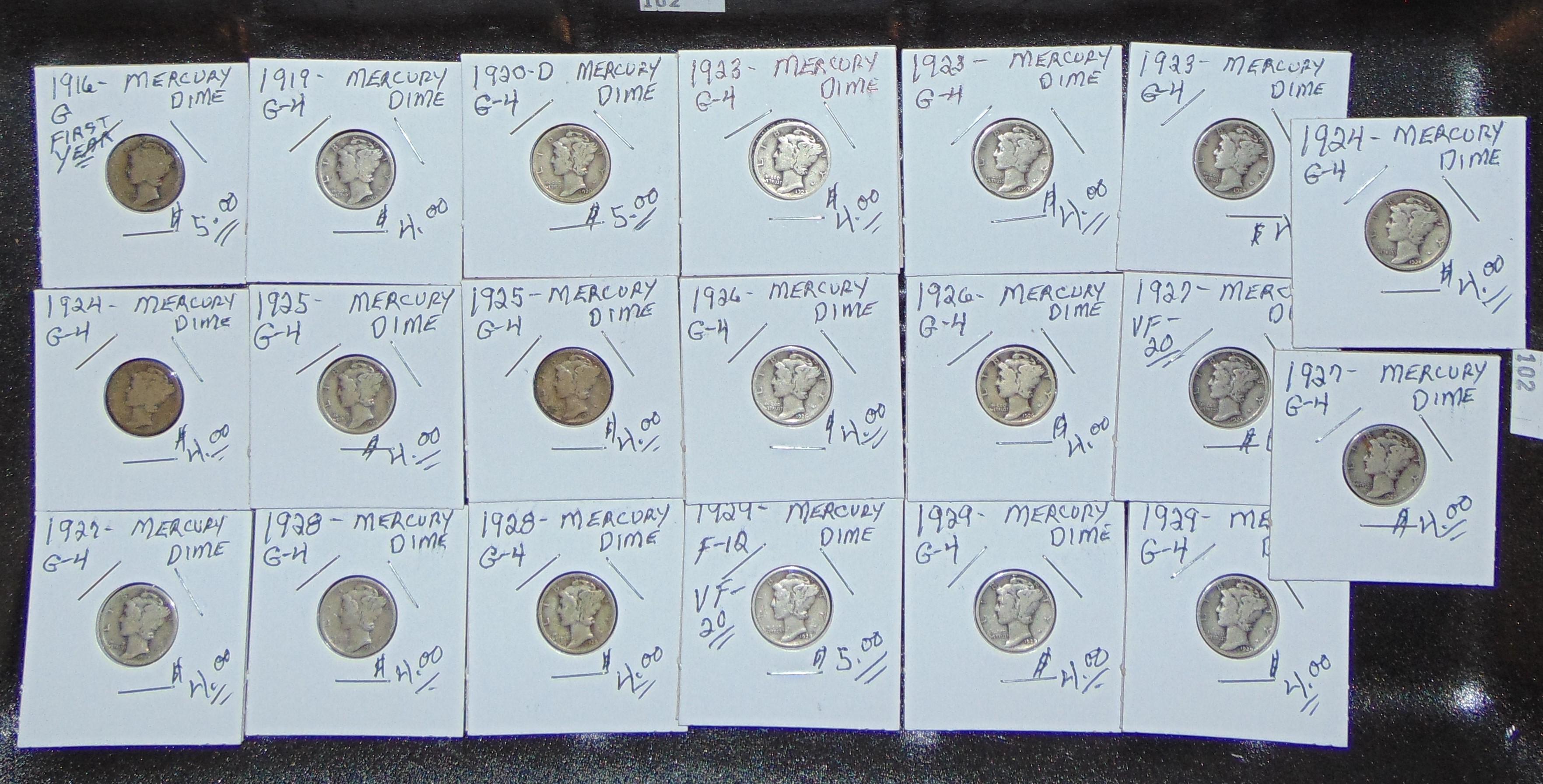 20 Mercury Dimes 1916-1929.